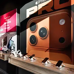 iPhone Pro Werbung im Elektronikmarkt mit Smartphones auf Verkaufstisch