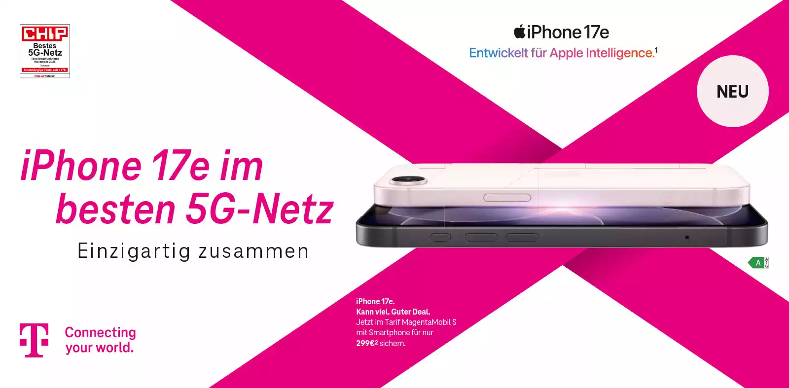 Telekom MagentaMobil: iPhone 17e im besten 5G-Netz, zwei Geräteansicht