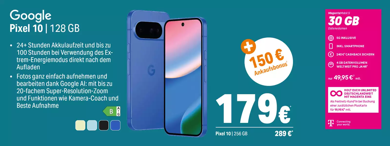 Google Pixel 10 Smartphone mit 128 GB Speicher, langer Akkulaufzeit und 30 GB 5G Tarif.