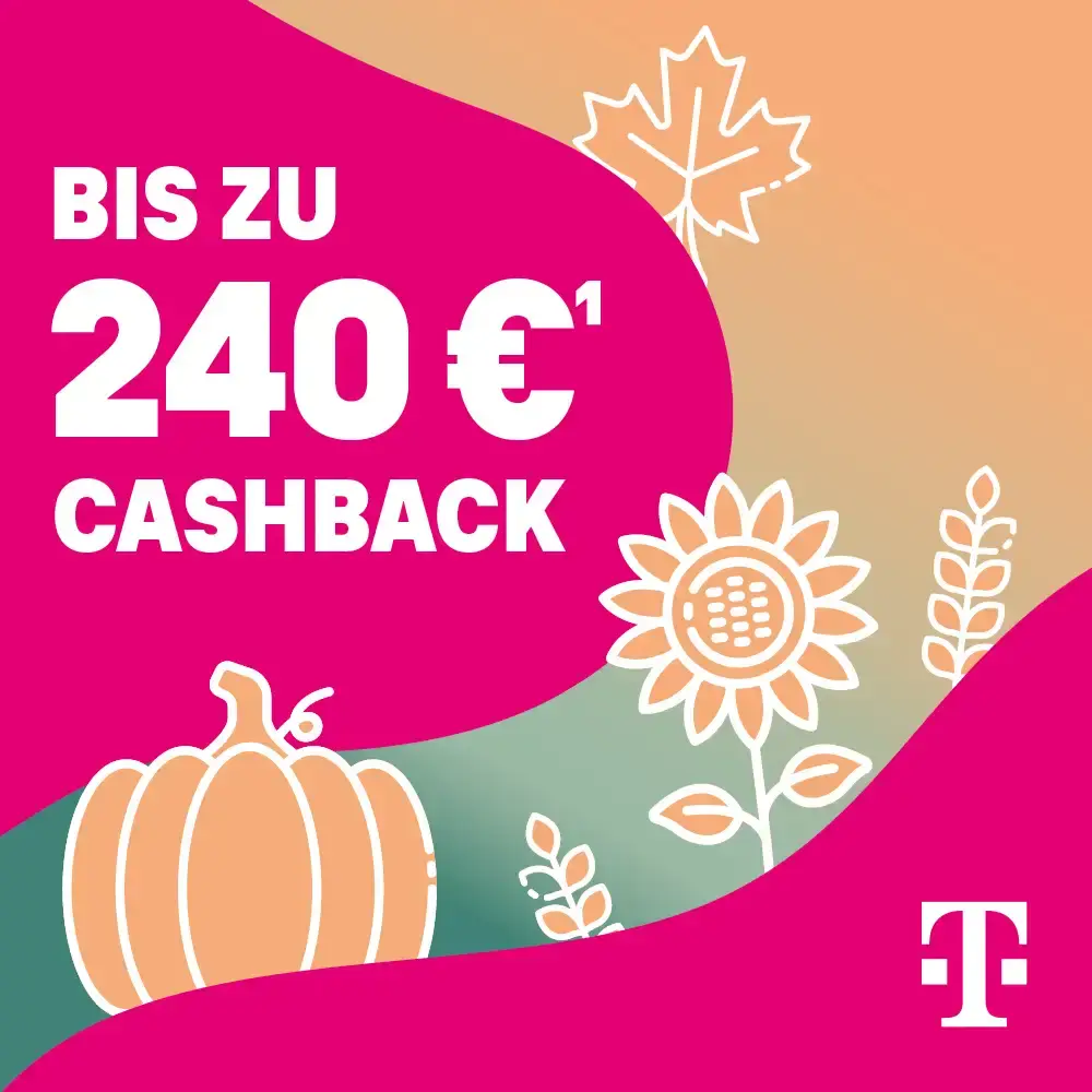 Telekom Cashback-Aktion mit Herbstmotiven wie Kürbis, Blatt und Sonnenblume