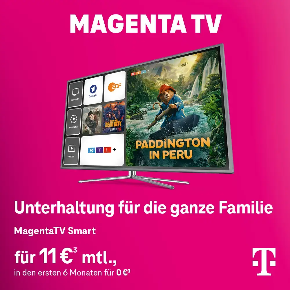 MagentaTV Werbung mit Smart-TV, Streaming-Startseite und Filmcover Paddington.